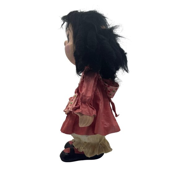 Handmade Vintage Paper Mache Doll With Strawberry Print Apron & Curly Black Hair - Picture 6 of 8